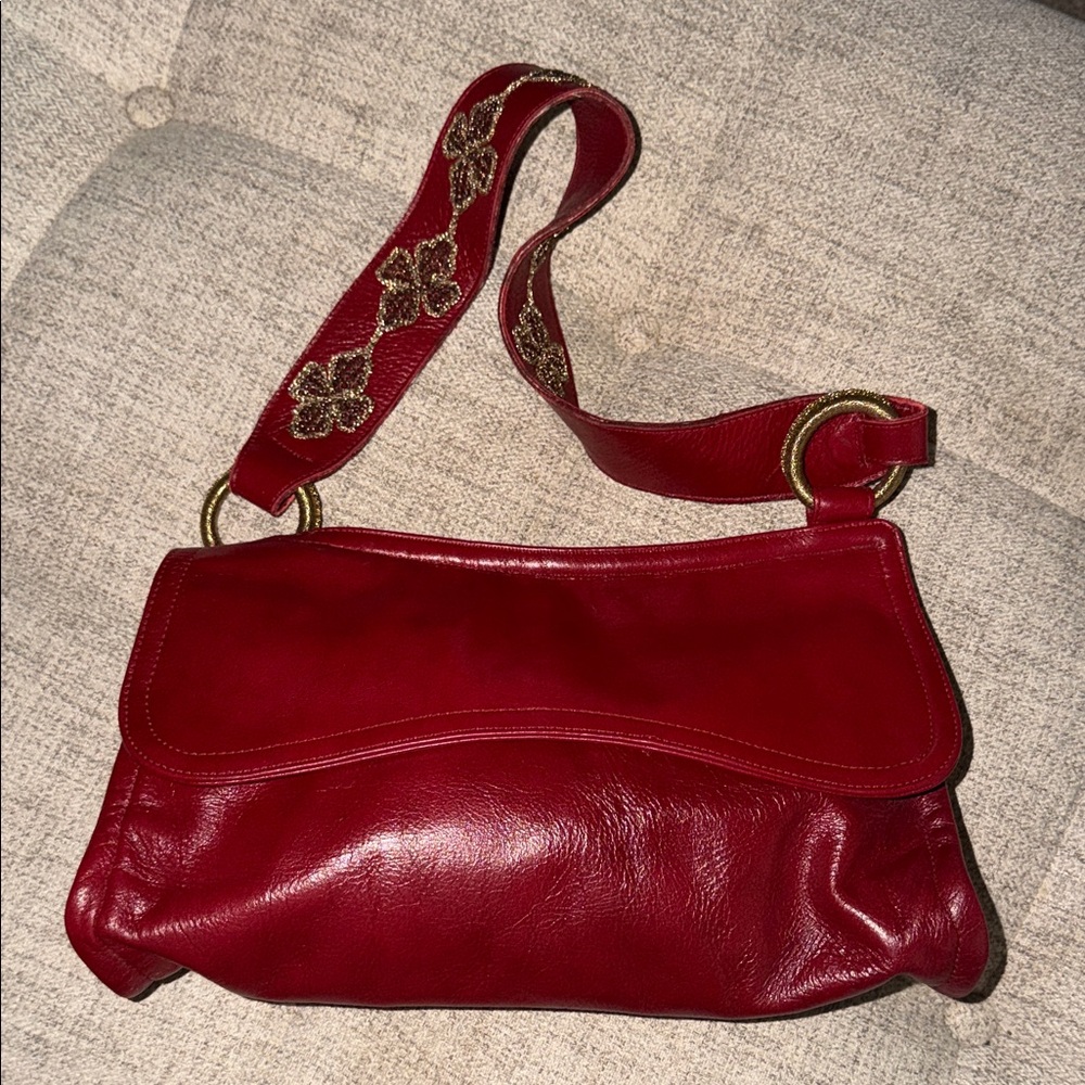 Chic Red Leather Shoulder Bag with Embroidered Strap
